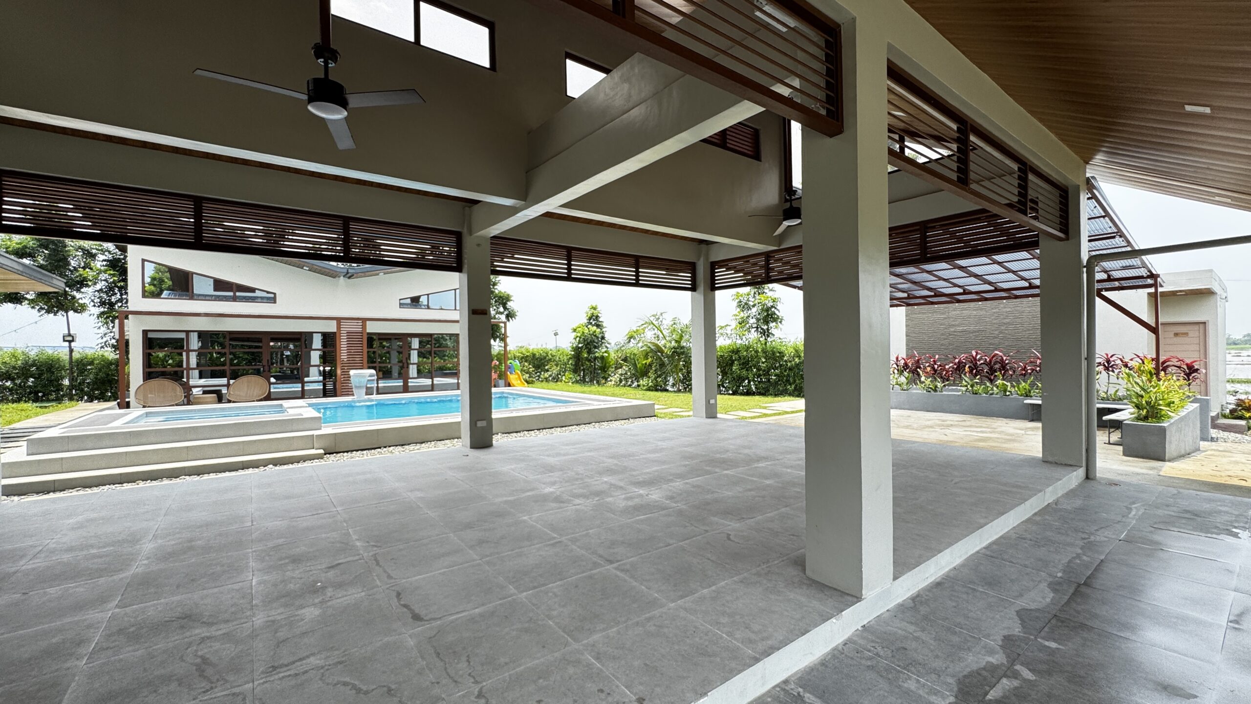 Covered patio overlooking the fields